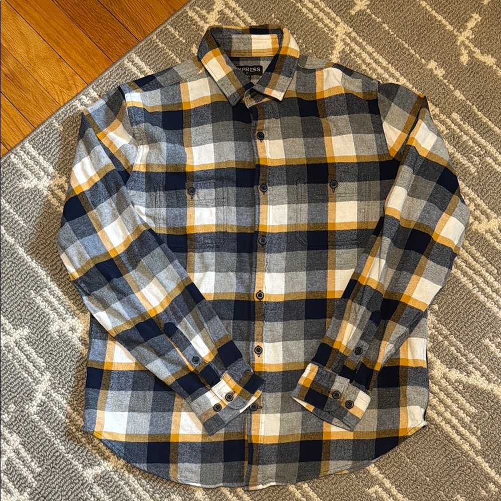 Express Flannel Men's Blue and Yellow Plaid Flannel Shirt L